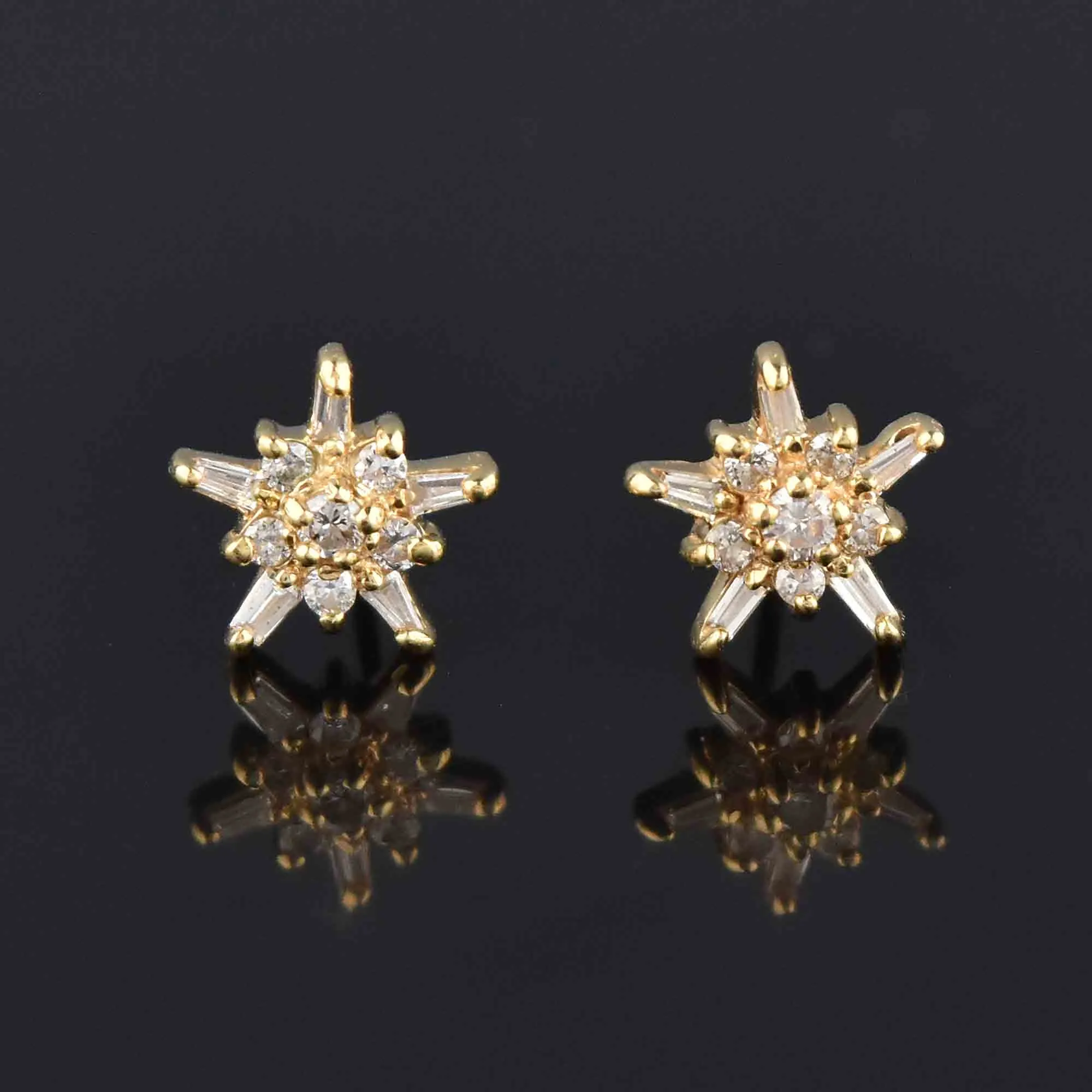 14K Gold Star Shape Baguette Diamond Stud Earrings