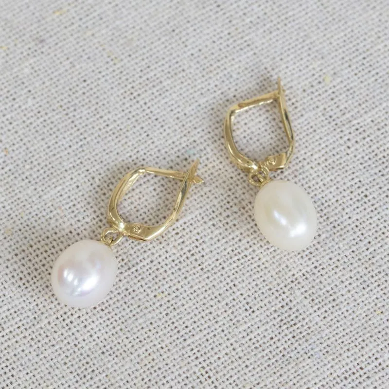 14K Yellow Gold White Pearl Oval Drop Earrings