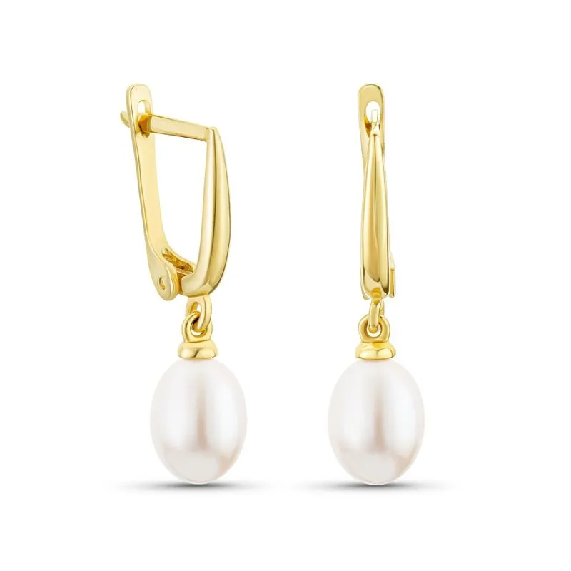 14K Yellow Gold White Pearl Oval Drop Earrings