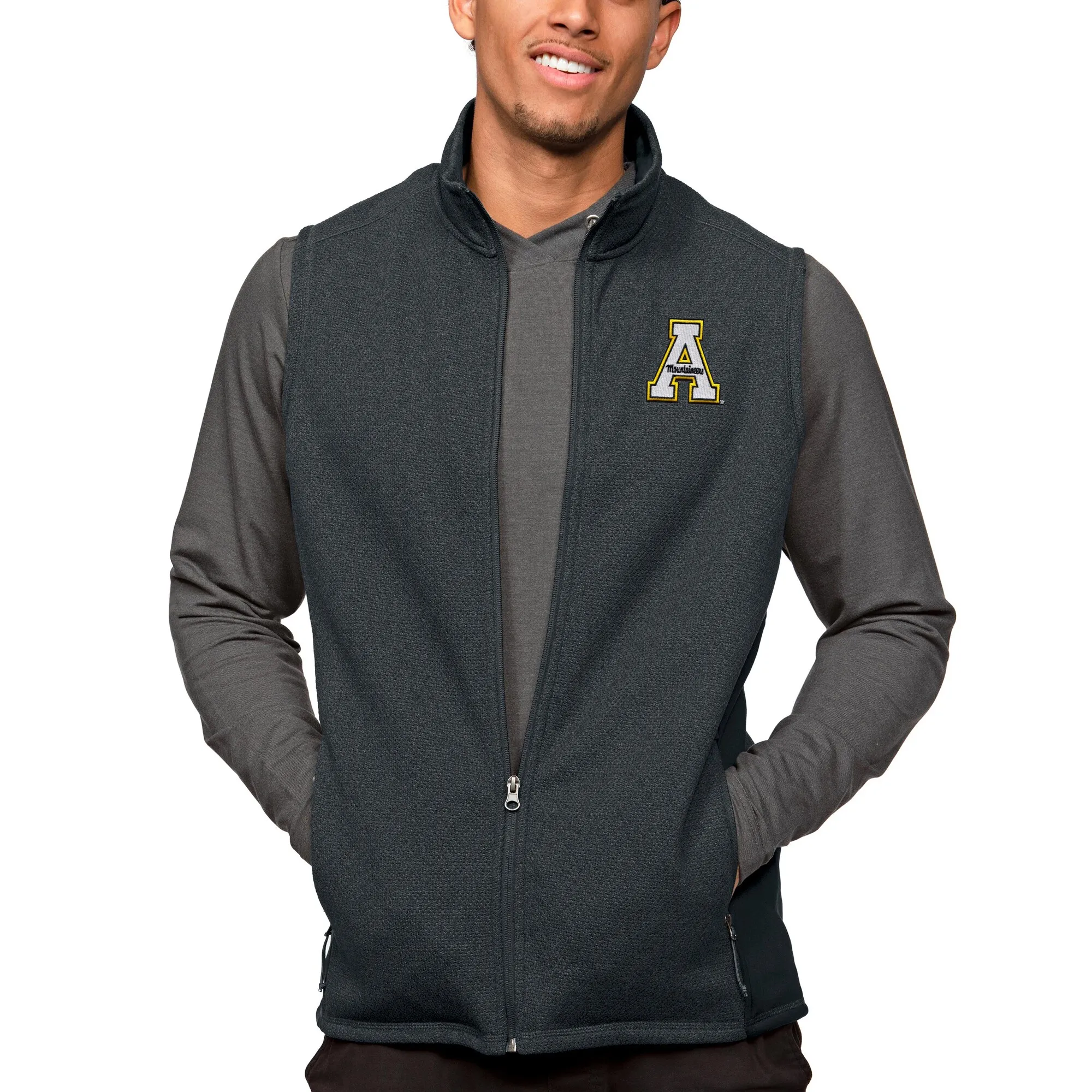 Antigua Appalachian State Mountaineers Heather Charcoal Course Full-Zip Vest