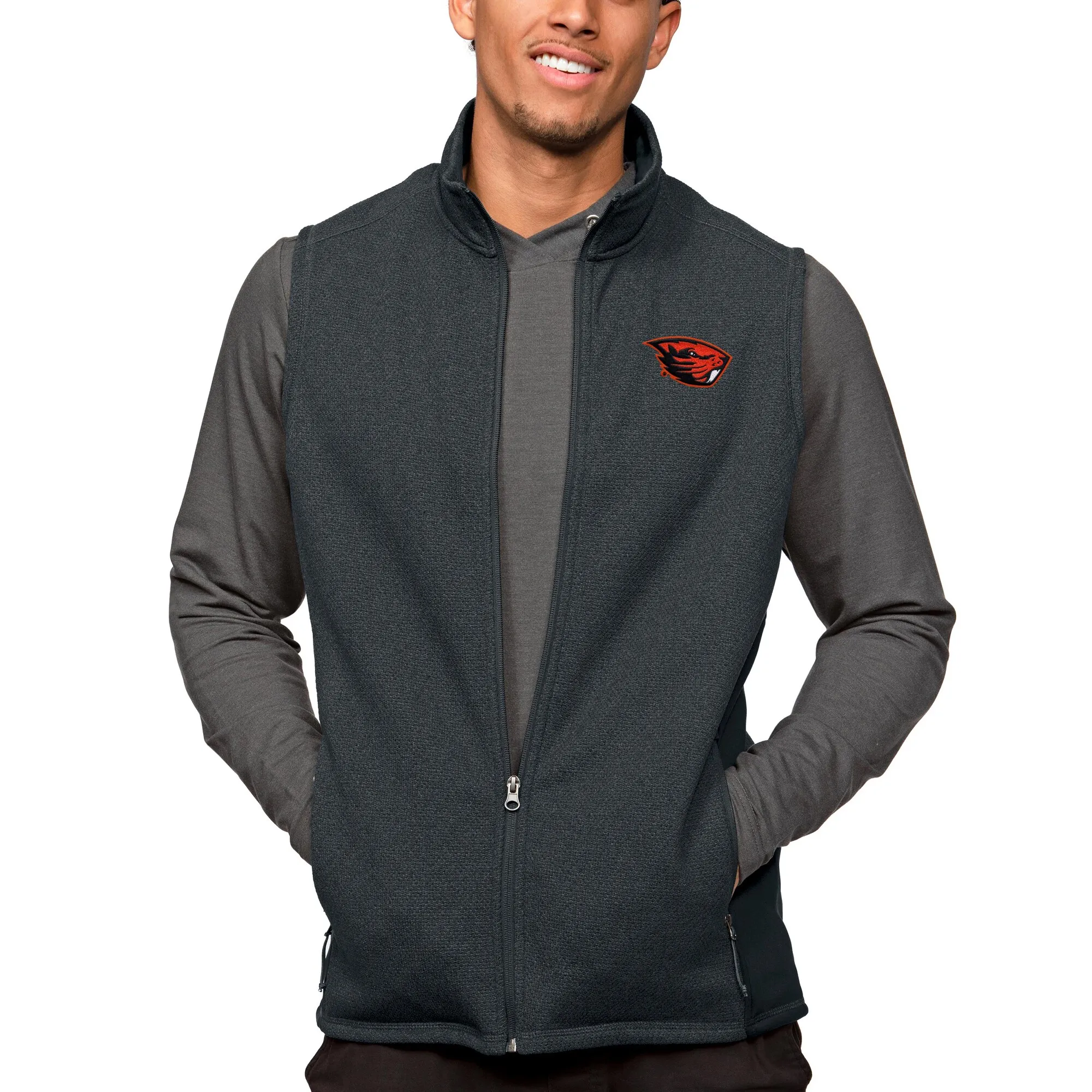 Antigua Oregon State Beavers Heather Charcoal Course Full-Zip Vest