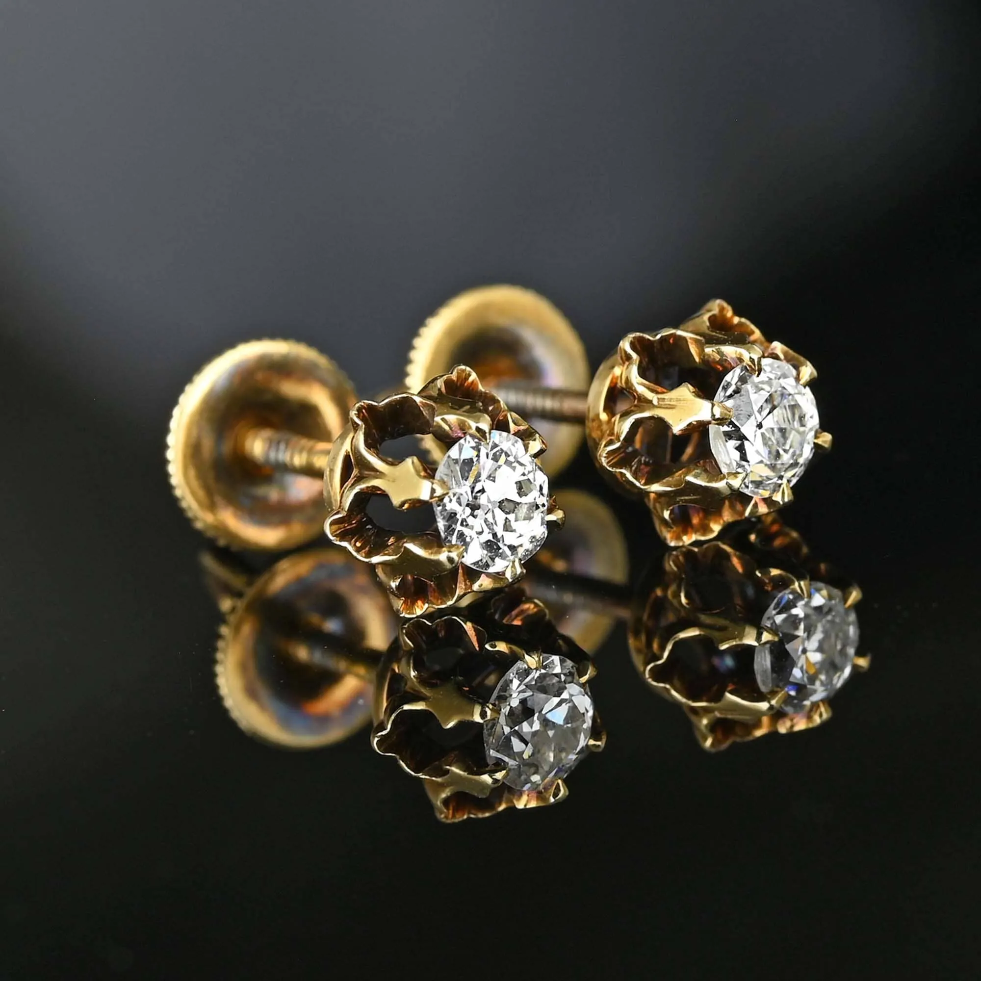 Antique 14K Gold European Cut Diamond Stud Earrings