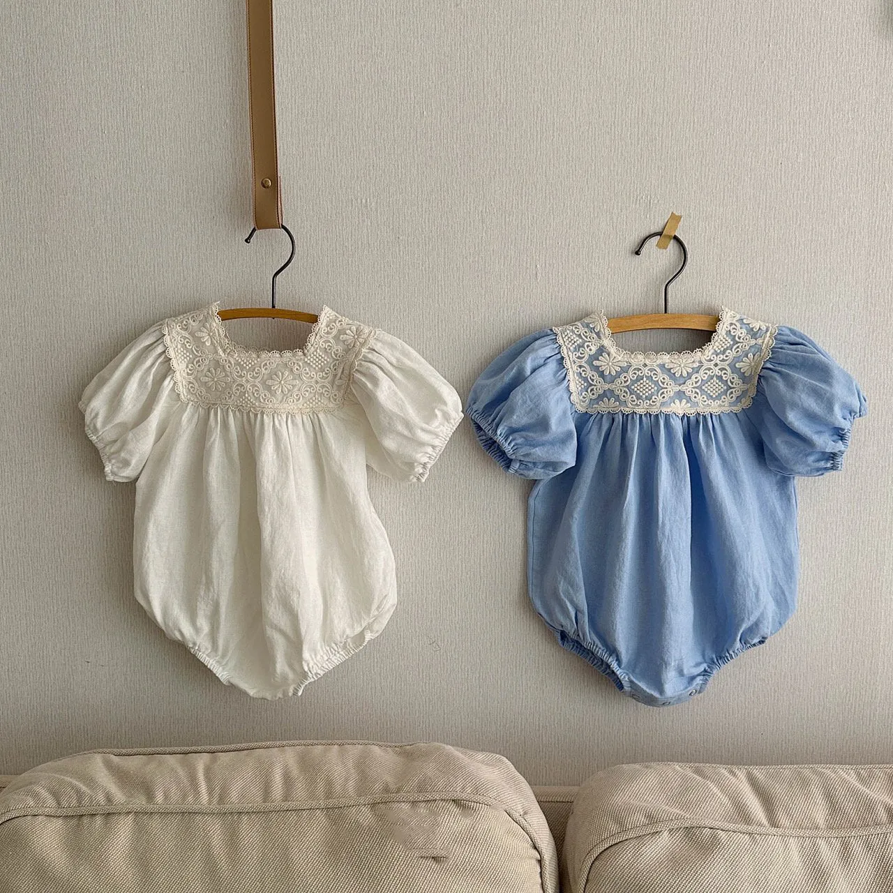 Baby Lace Square Neck Linen Romper (3-18m) - 2 Colors