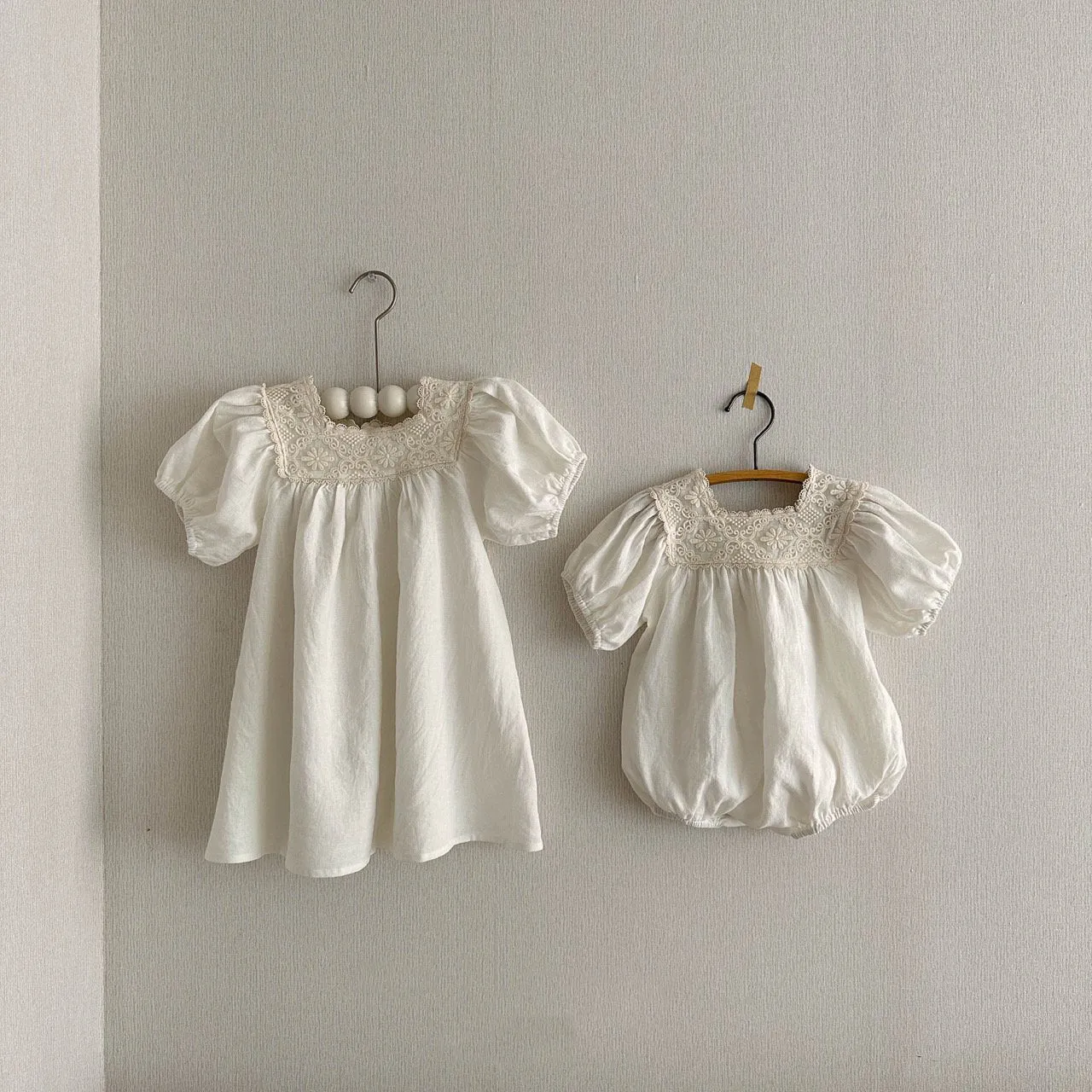 Baby Lace Square Neck Linen Romper (3-18m) - 2 Colors