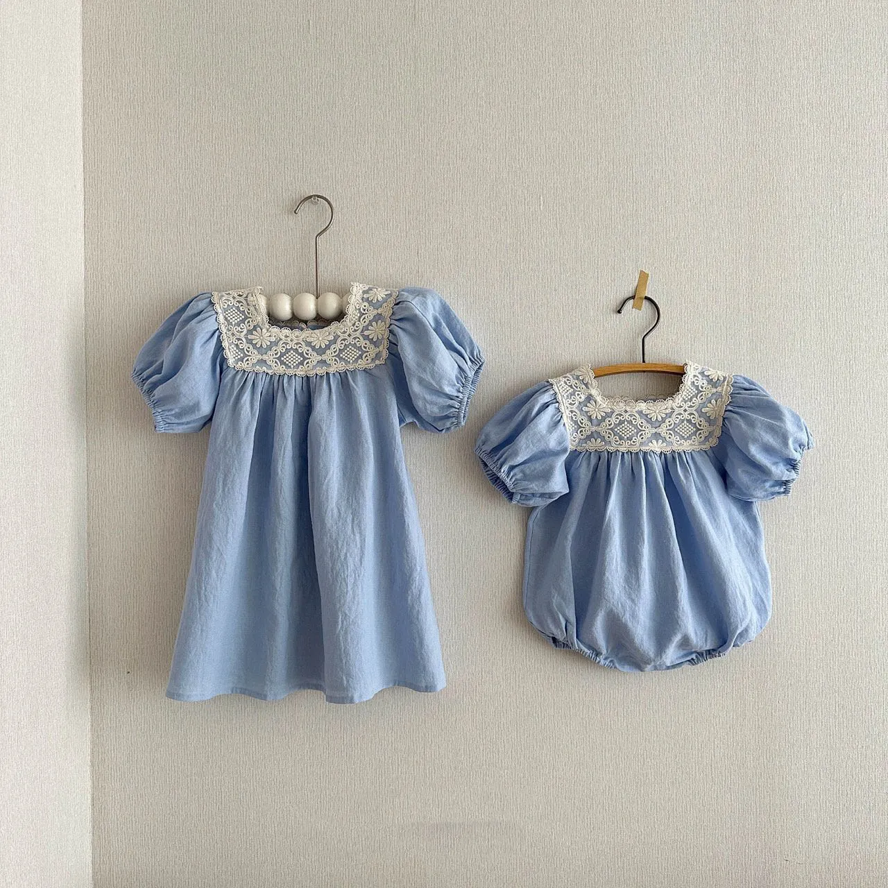 Baby Lace Square Neck Linen Romper (3-18m) - 2 Colors