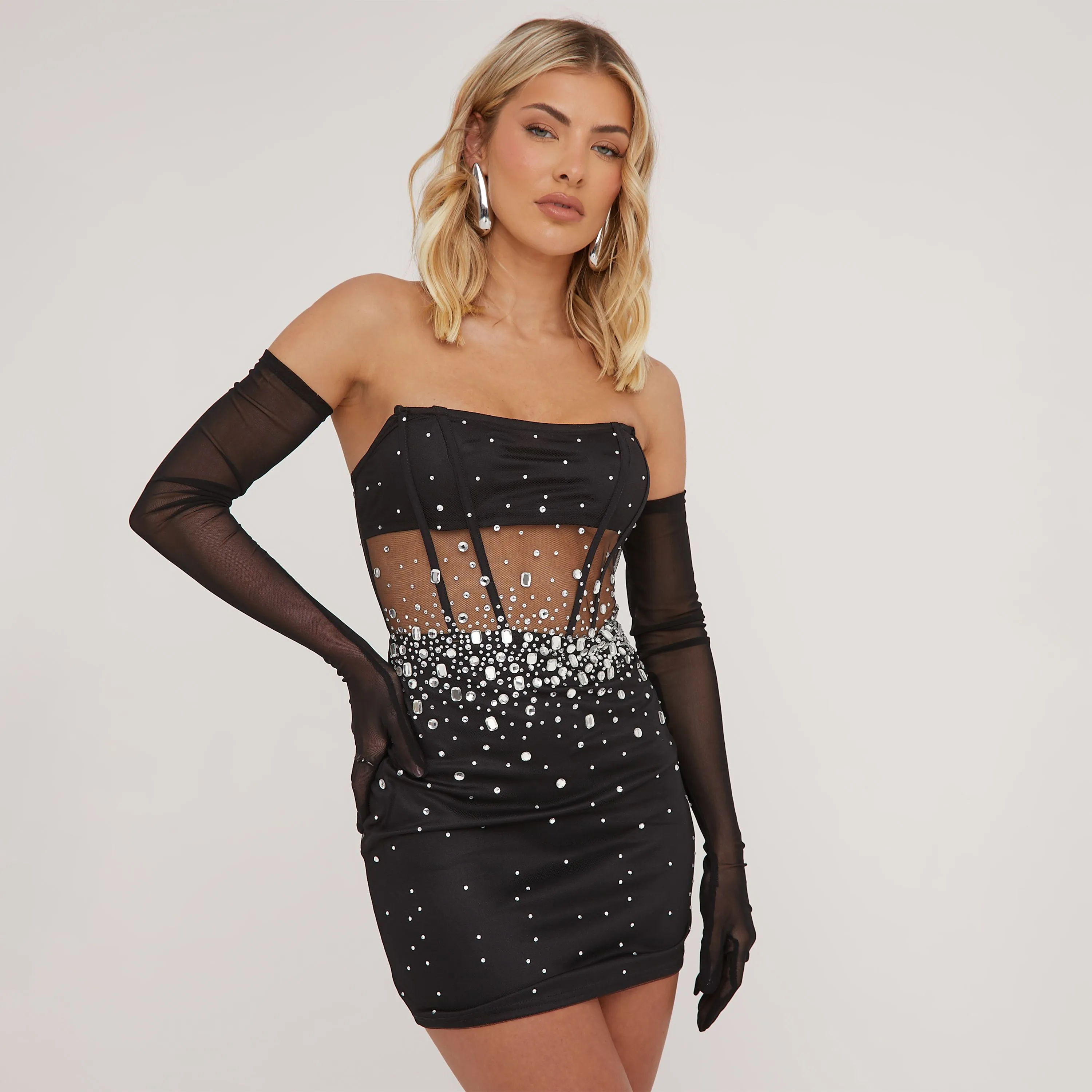 Bandeau Embellished Crystal Detail Mini Bodycon Dress With Gloves In Black