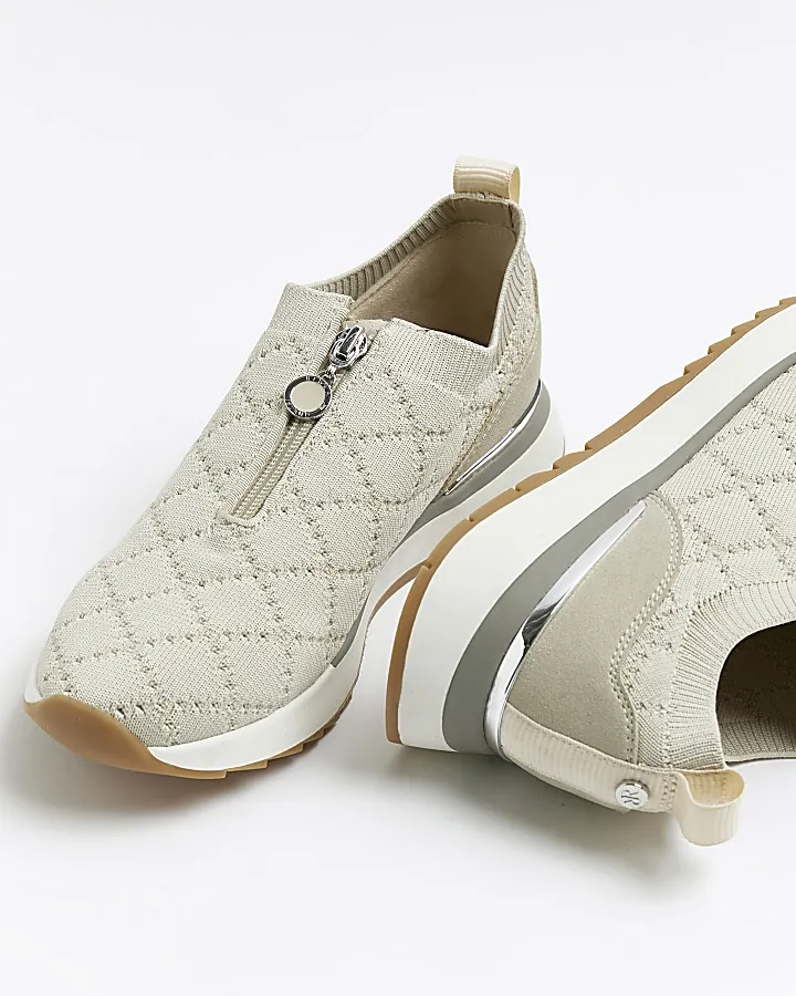 Beige knit zip trainers