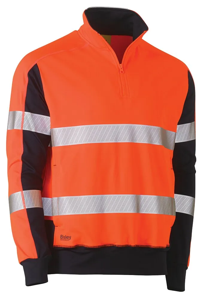 Bisley Workwear BK6817T_TT05 Pullover - Taped - 2-Tone - Hi-Vis - Contrast Stretchy - 1/4 Zip - Orange/Navy - XS