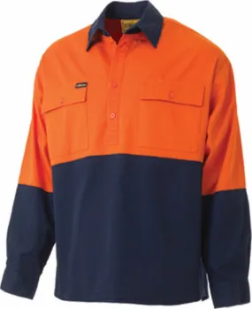 Bisley Workwear BSC6267 Long Sleeve Shirt - Drill - Cotton - Closed Front - Orange/Navy - S