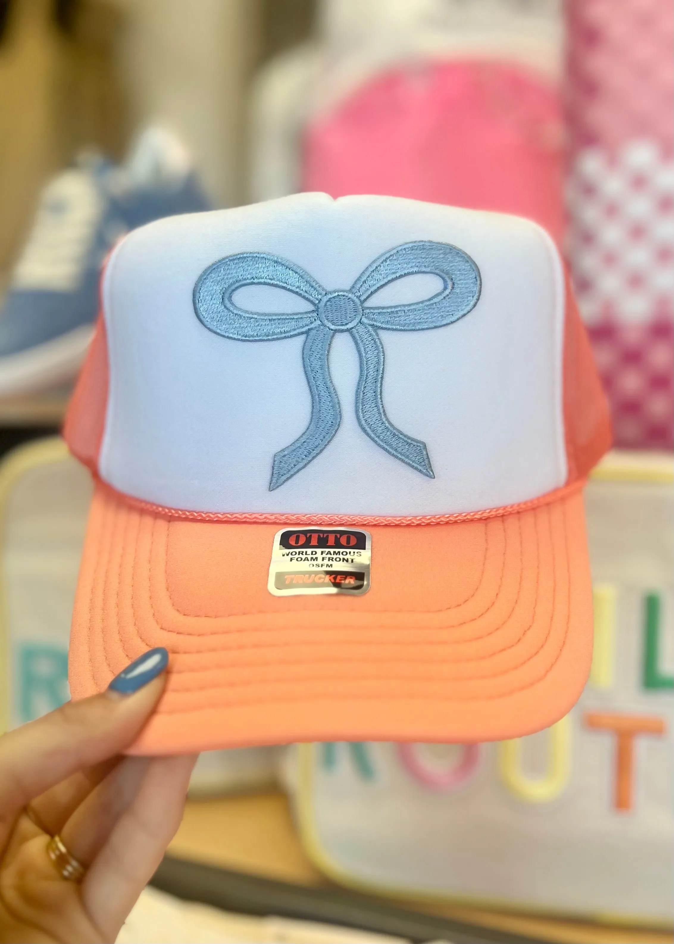 Bow Trucker Hat - Coral/Blue/White