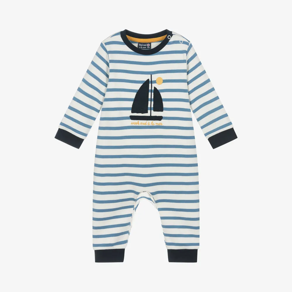 Boys Ivory & Blue Striped Cotton Romper