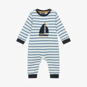 Boys Ivory & Blue Striped Cotton Romper