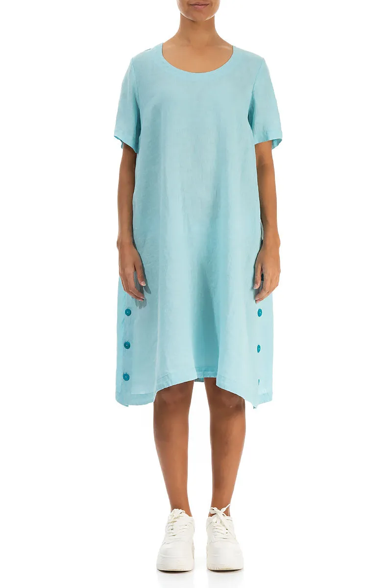 Buttoned Sides Ice Blue Linen Tunic Dress