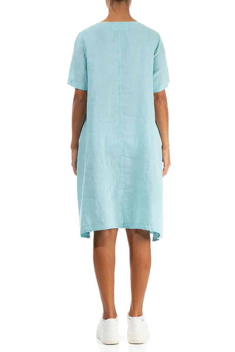 Buttoned Sides Ice Blue Linen Tunic Dress