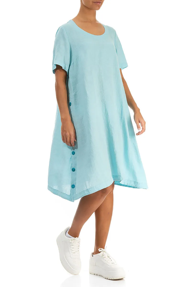 Buttoned Sides Ice Blue Linen Tunic Dress