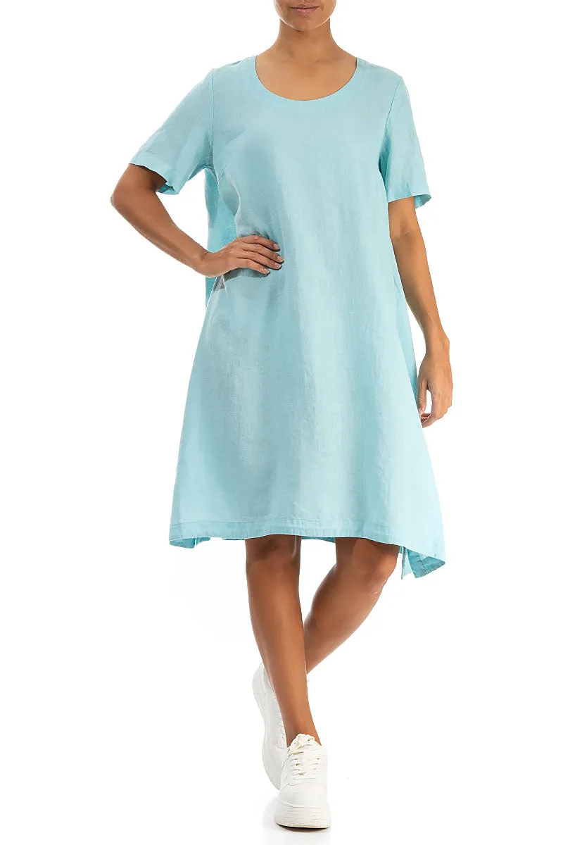 Buttoned Sides Ice Blue Linen Tunic Dress