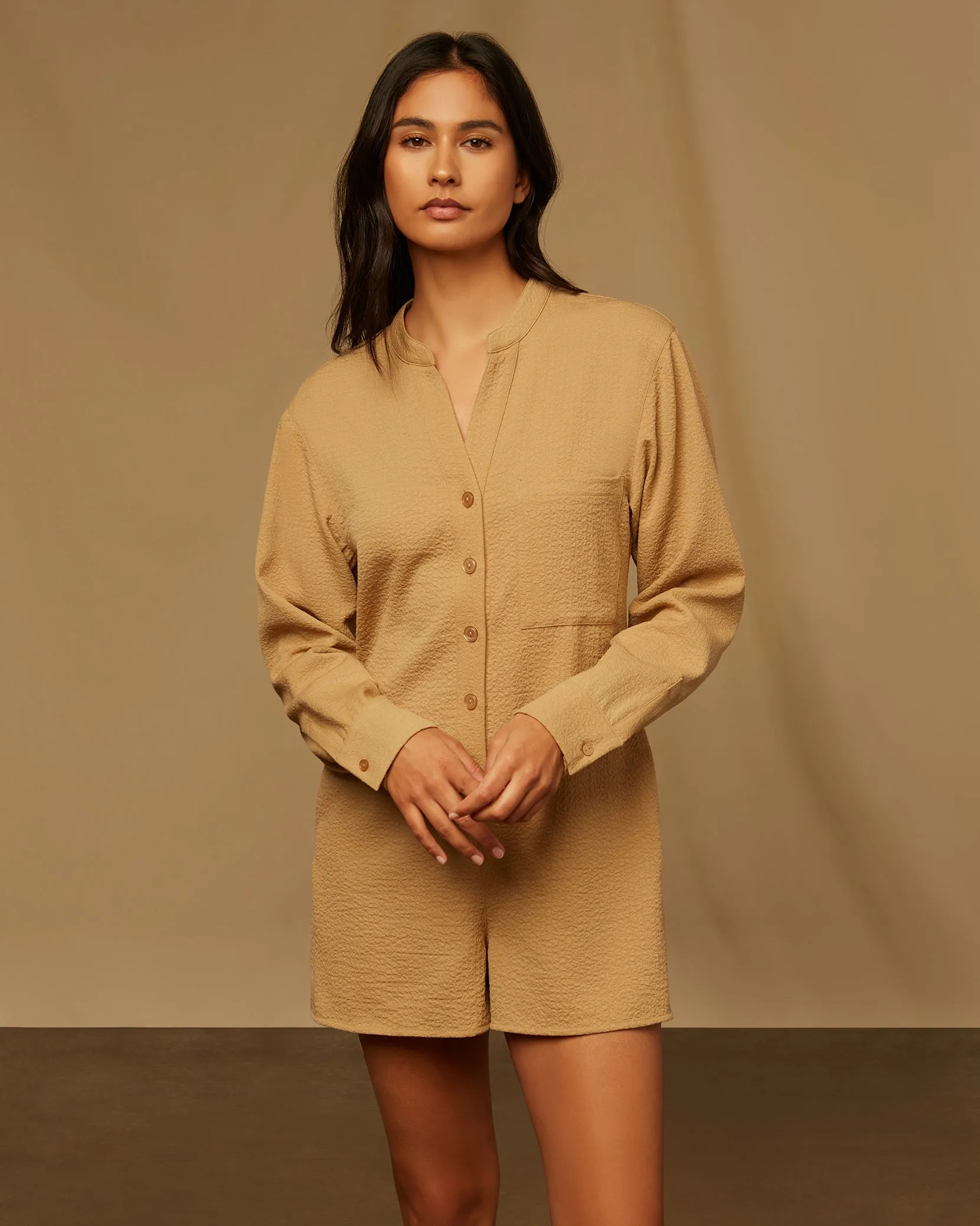 Crinkle Button Down Romper | Tan