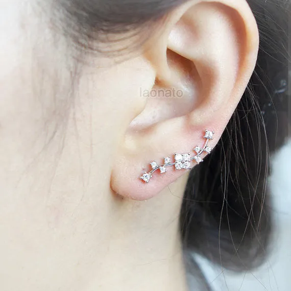 Curved Line CZ Ear Climber Earrings