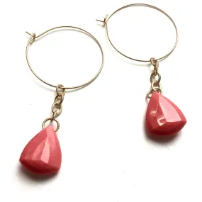 Dark Peach Faceted Briolette on Gold Hoop Earrings