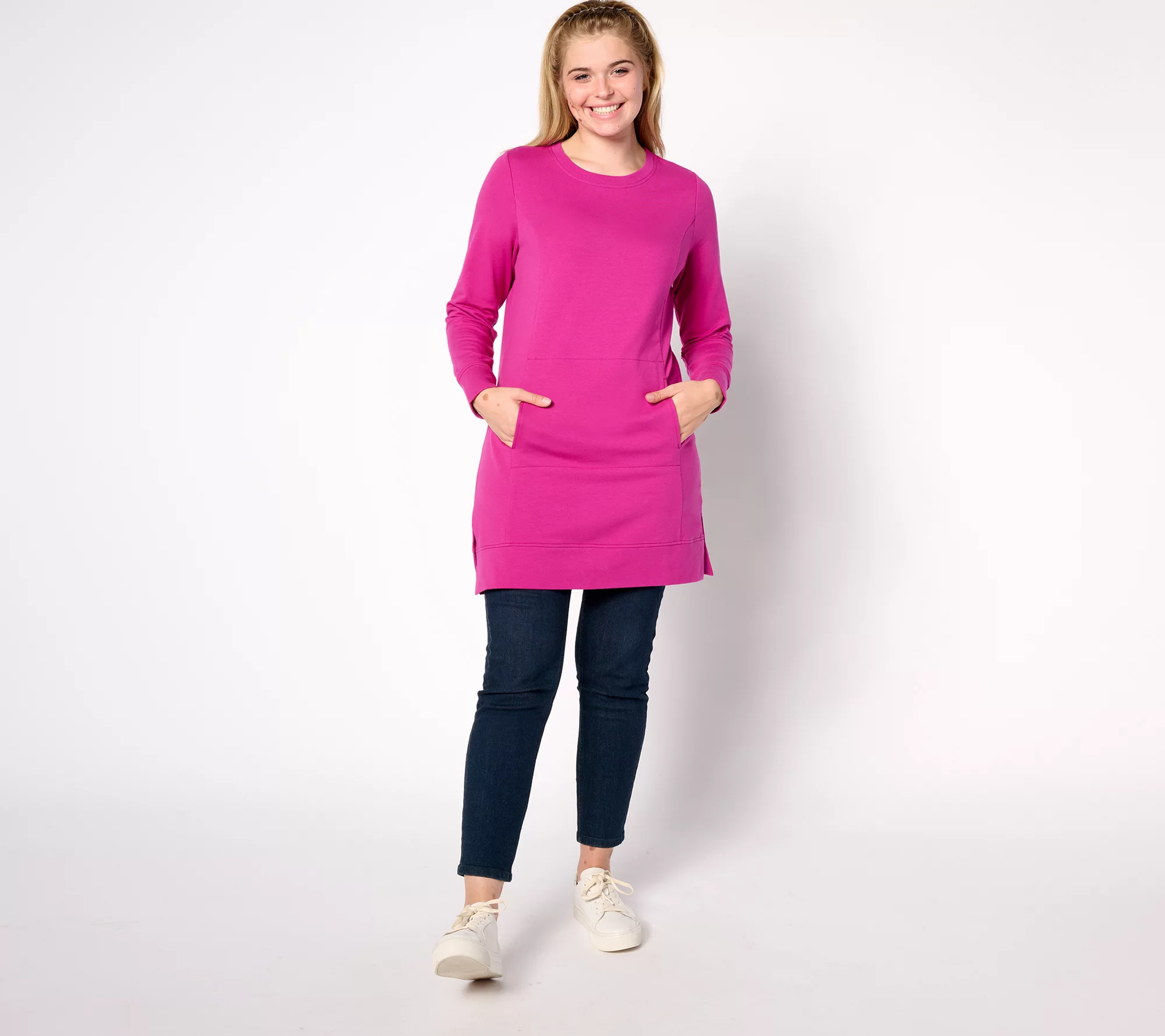 Denim & Co. Active Petite French Terry Crewneck Tunic