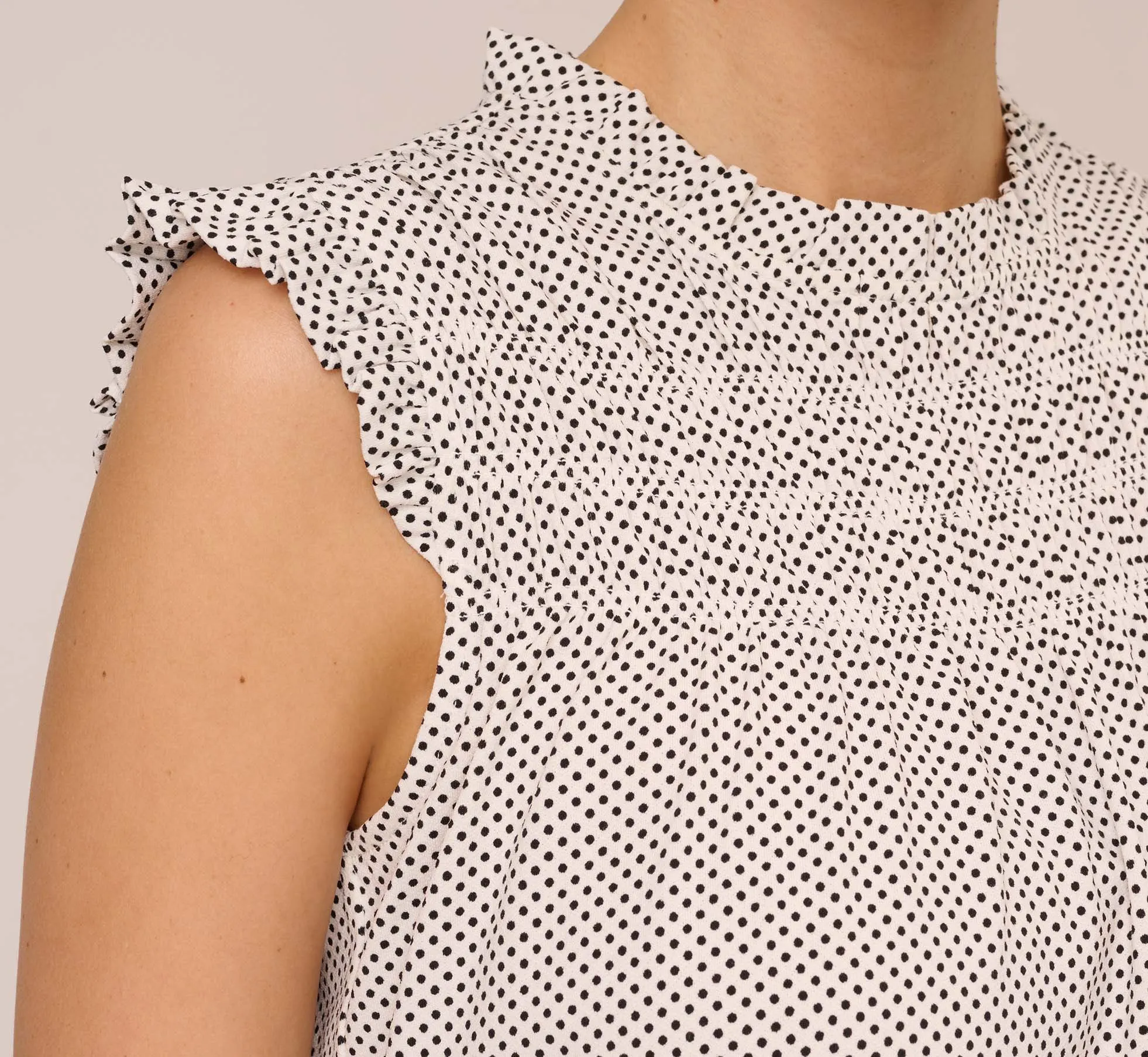 Dot Print Sleeveless Top With Ruffled Details In Ivory Black Small Dot