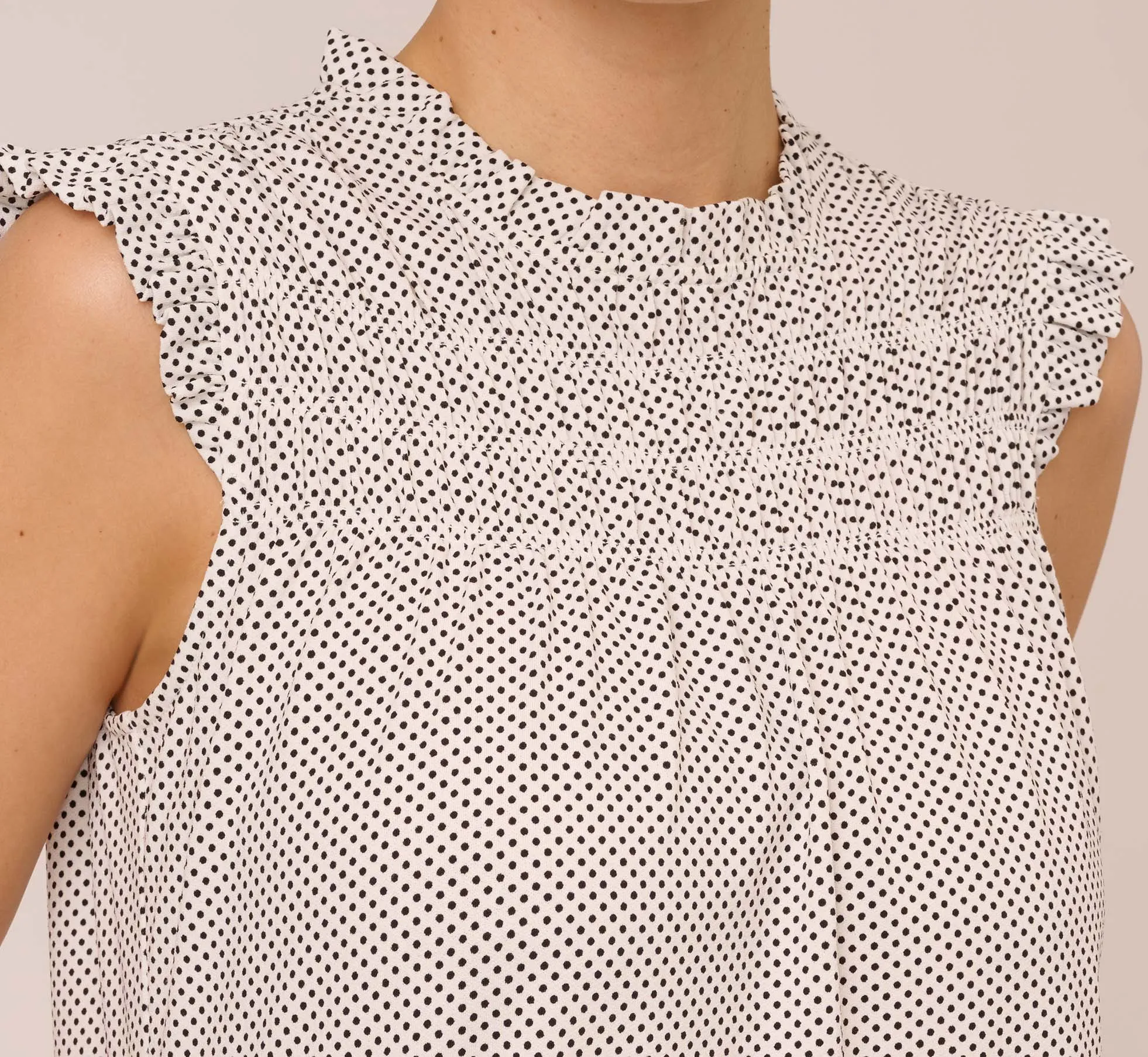 Dot Print Sleeveless Top With Ruffled Details In Ivory Black Small Dot