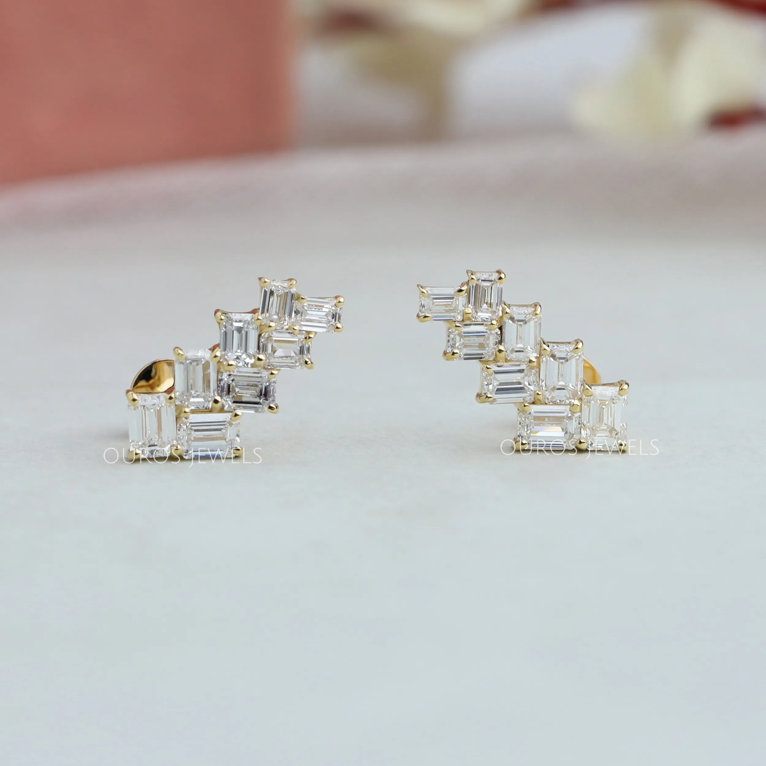 Emerald Cut Diamond Drop Earrings Gold