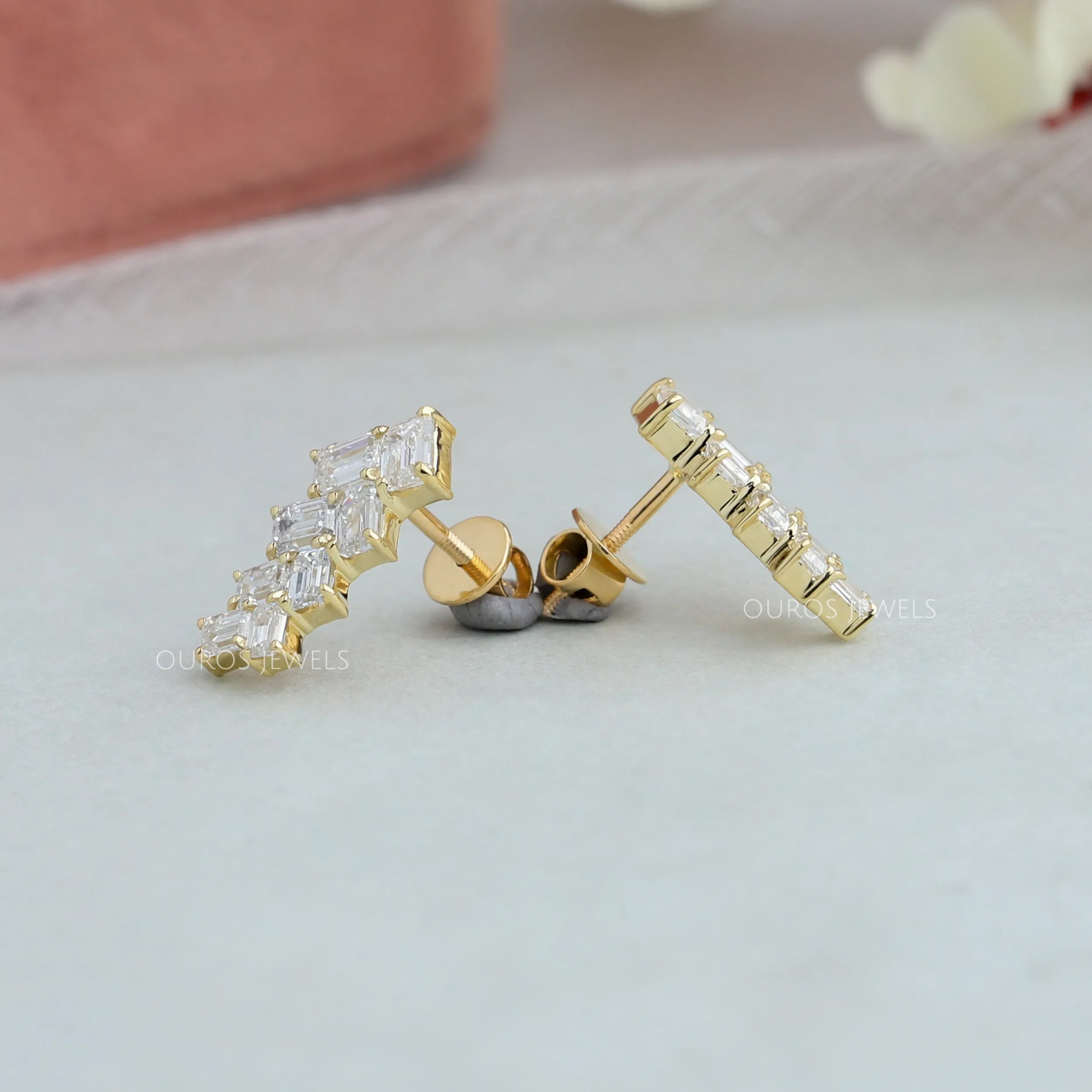 Emerald Cut Diamond Drop Earrings Gold