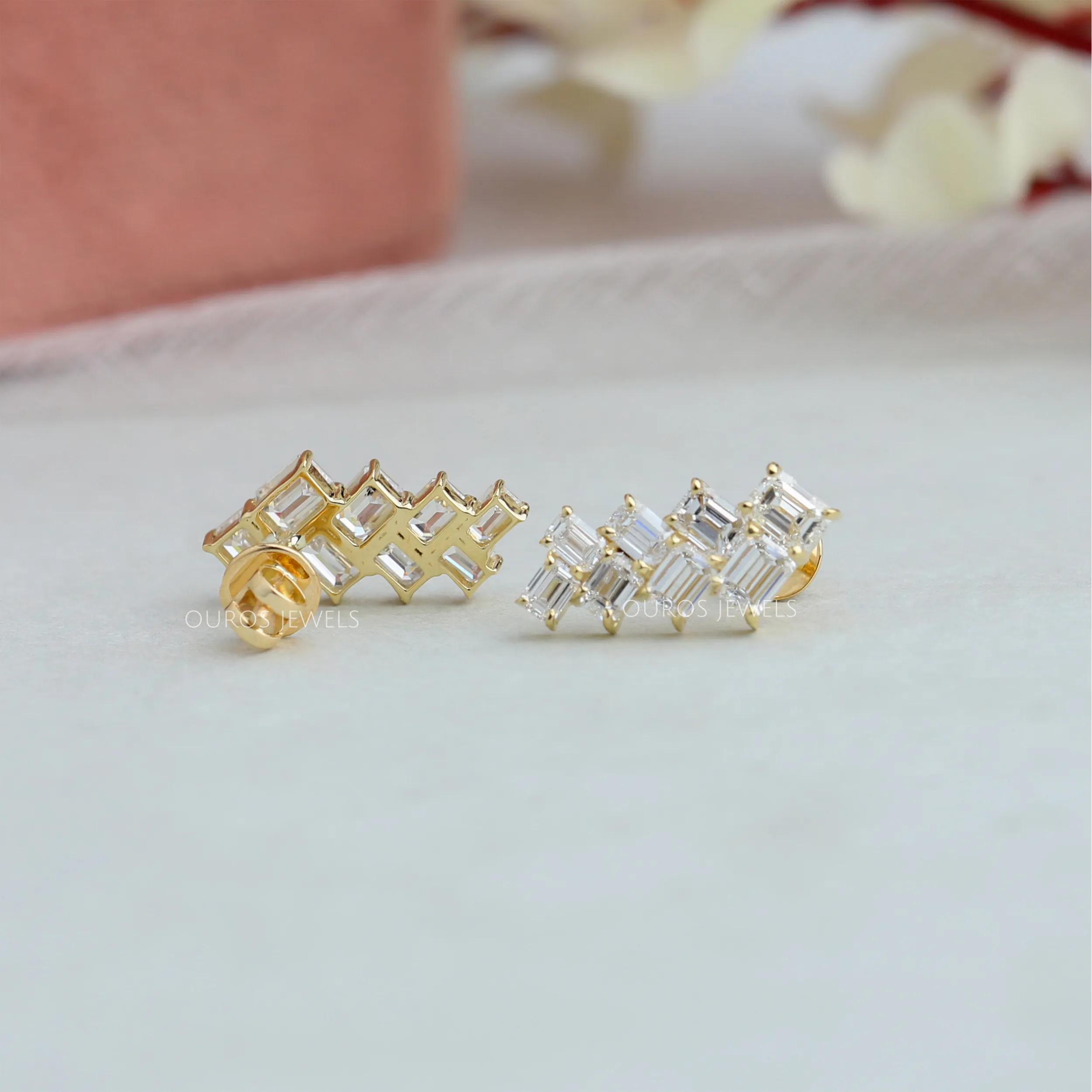 Emerald Cut Diamond Drop Earrings Gold