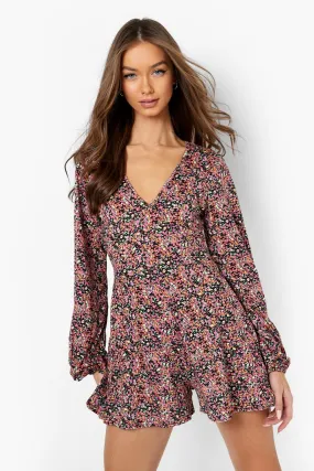 Floral Volume Long Sleeve Flippy Romper