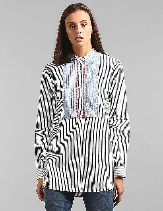 GAP Women White Stripe Band Collar Tunic