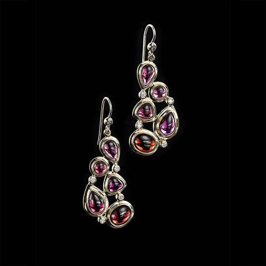 Garnet & Diamond 18K Gold Mosaic 5 Stone Earrings