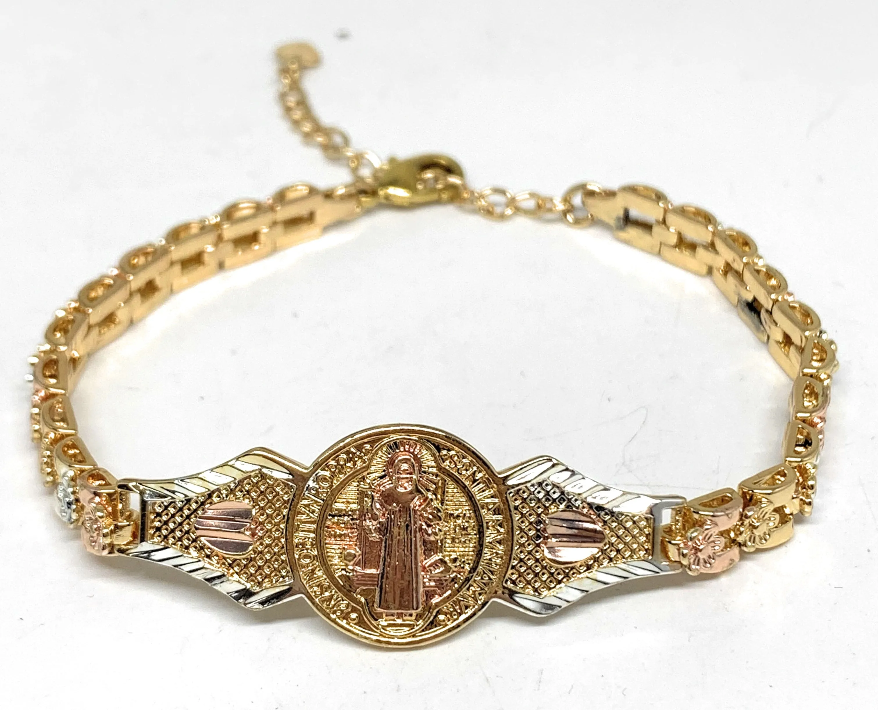 Gold Plated Tri-Color Saint Benedict Bracelet San Benito Pulsera  Oro Laminado 8