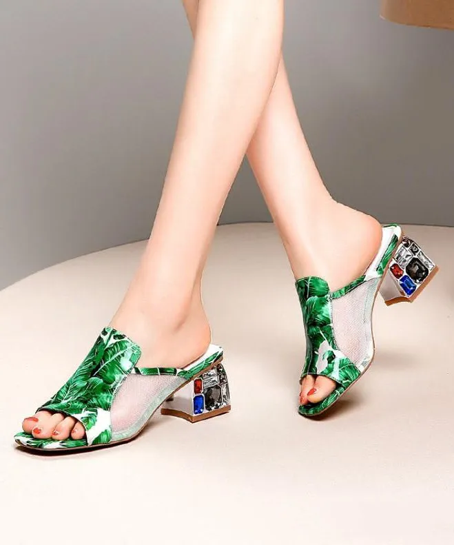 Green Breathable Mesh Splicing Zircon Slide Sandals