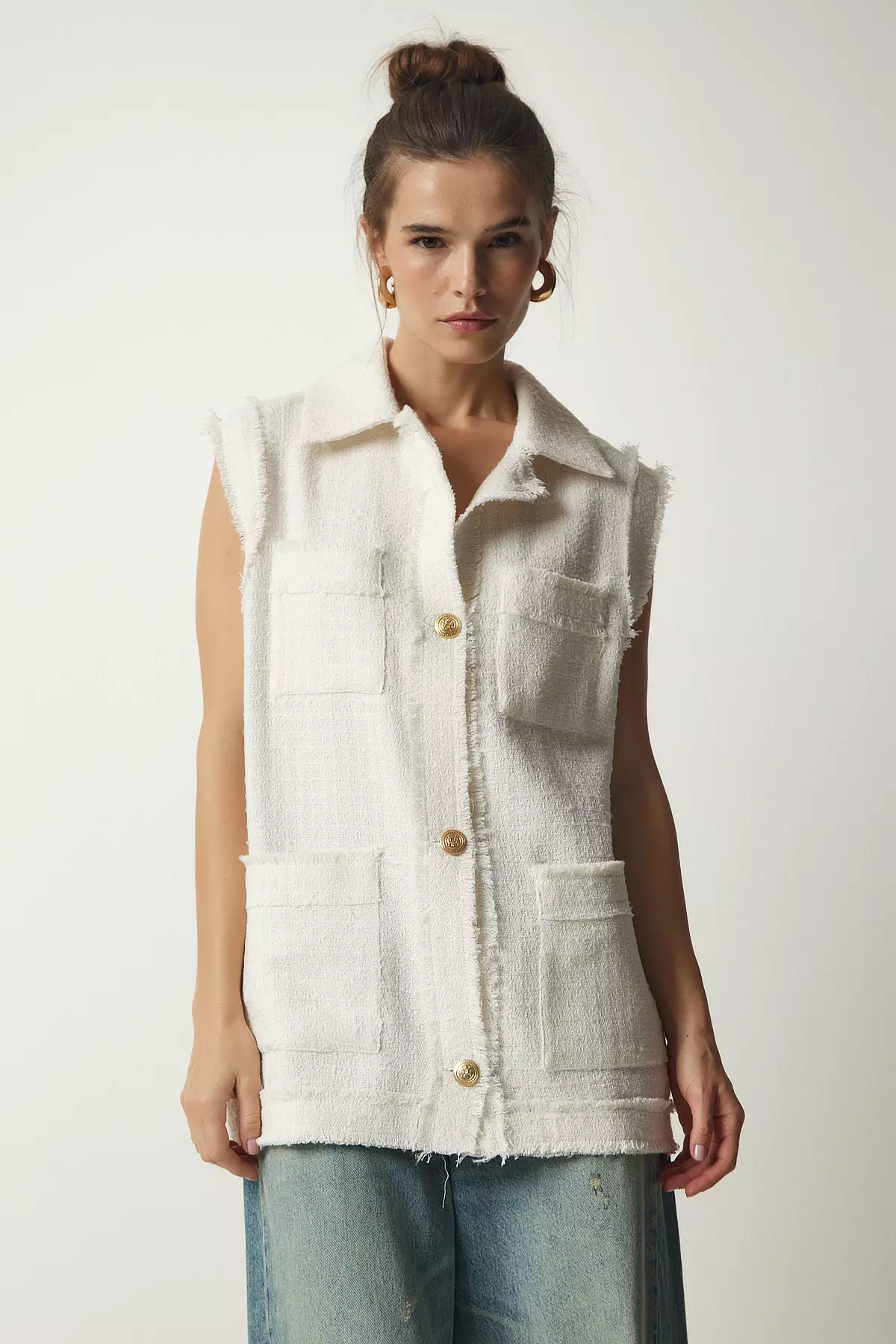 Happiness Istanbul Tweed Texture Pocketed  Vest