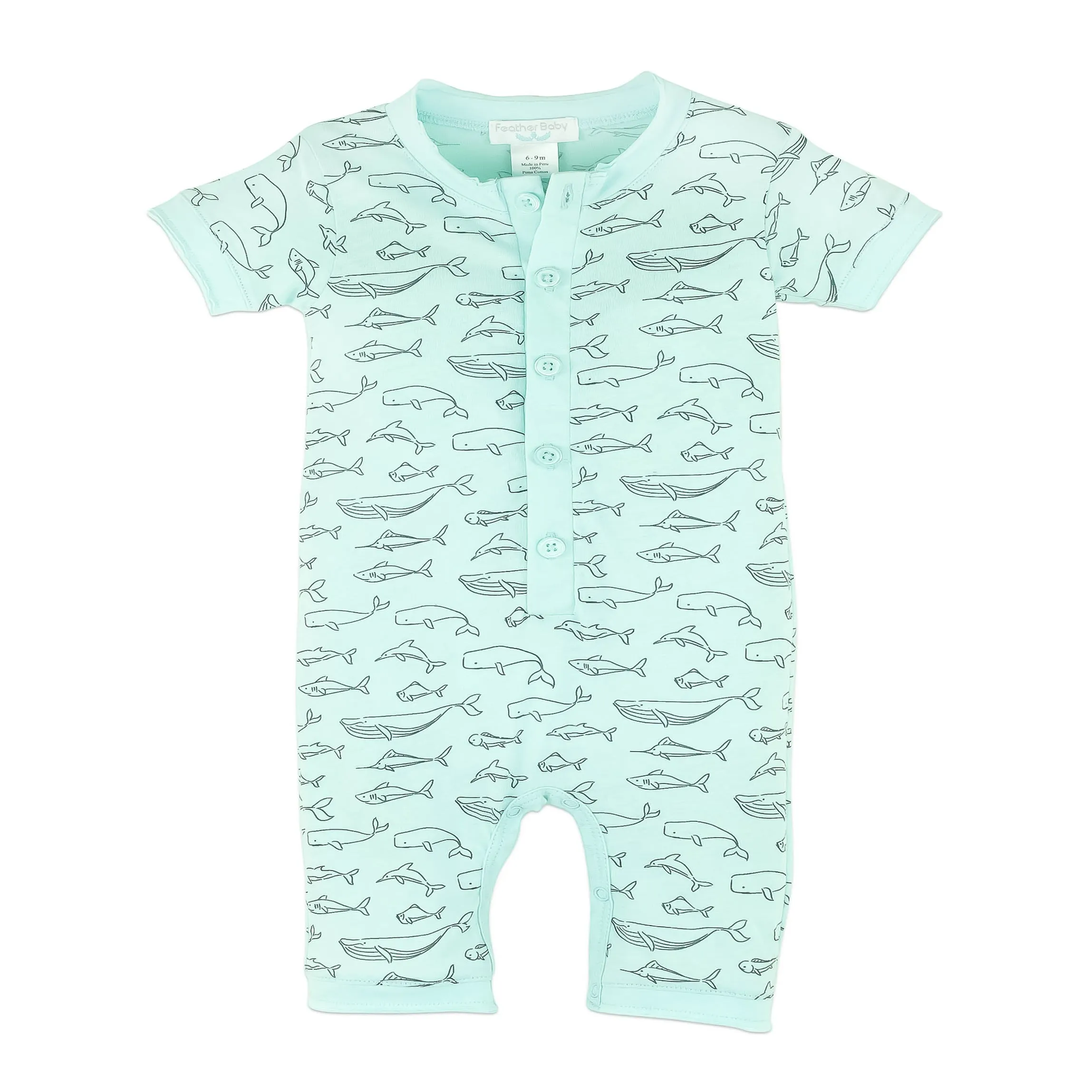 Henley Romper - Big Fish on Aqua  100% Pima Cotton