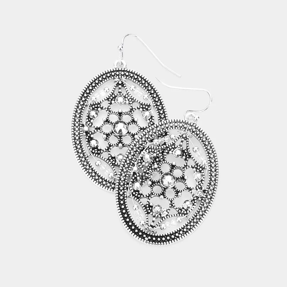 iLLASPARKZ Bead Embellished Antique Metal Oval Dangle Earrings