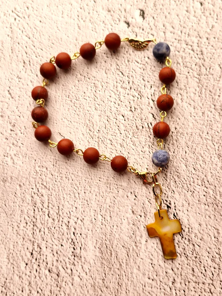 Jasper and Lapis Lazuli with Tiger's Eye Cross Gemstone Rosary Bracelet