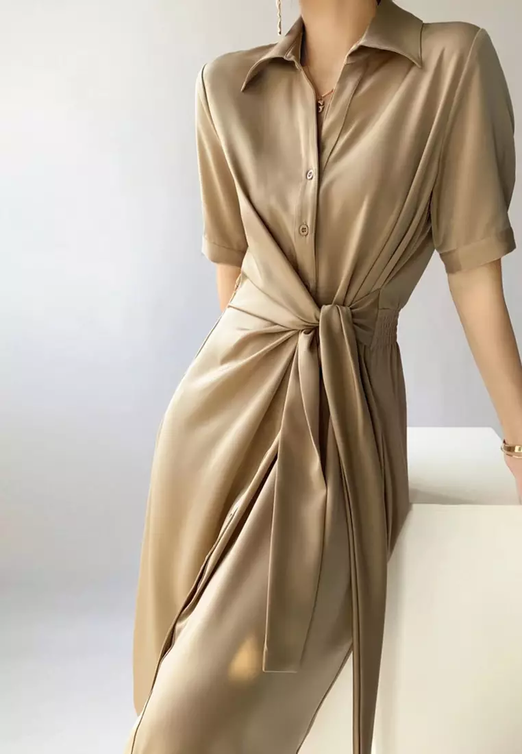 Lapel Tunic Satin Fabric Dress XHG-1633