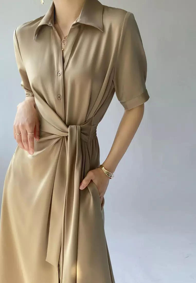 Lapel Tunic Satin Fabric Dress XHG-1633