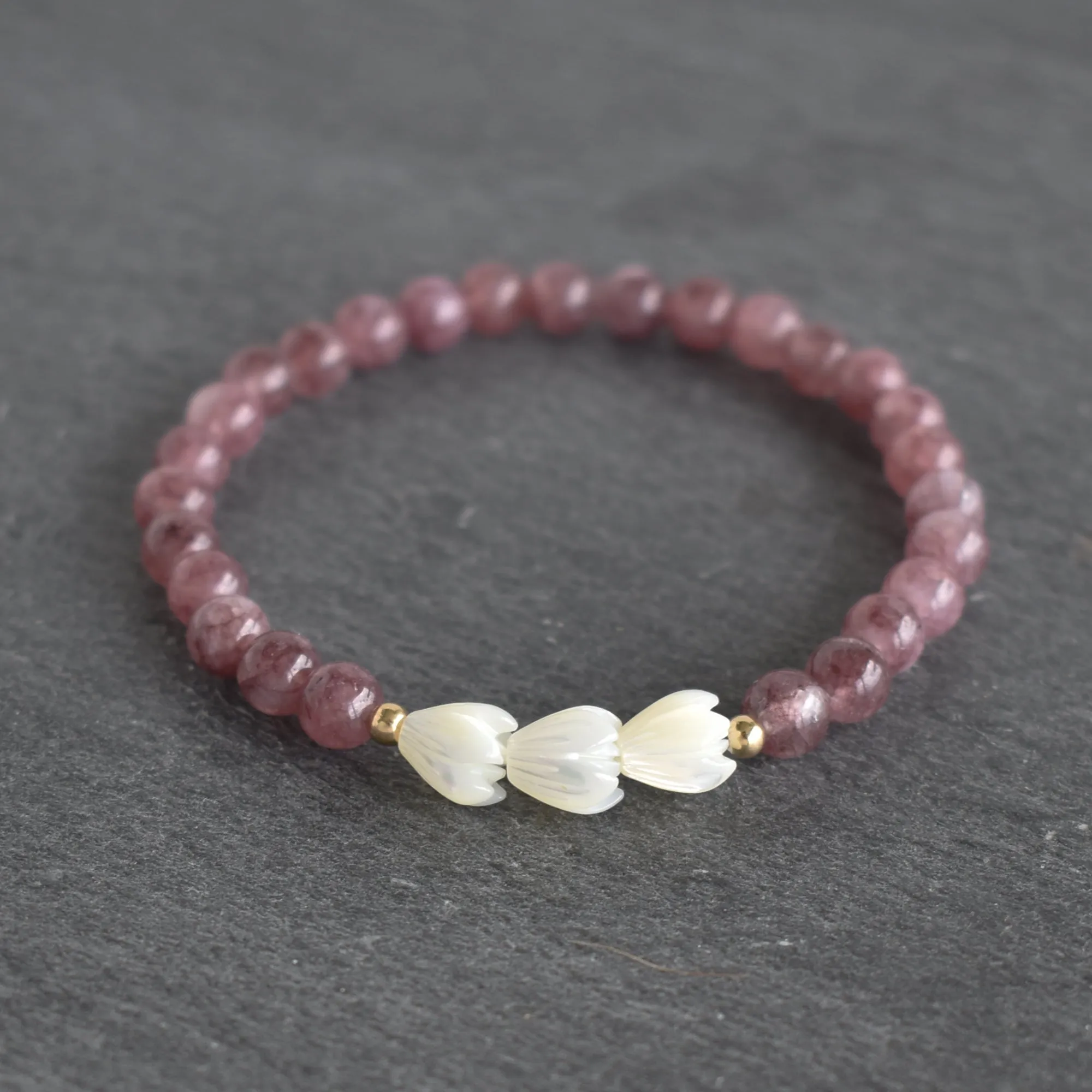 Lepidolite Stretchy Bracelet with Three Pikake