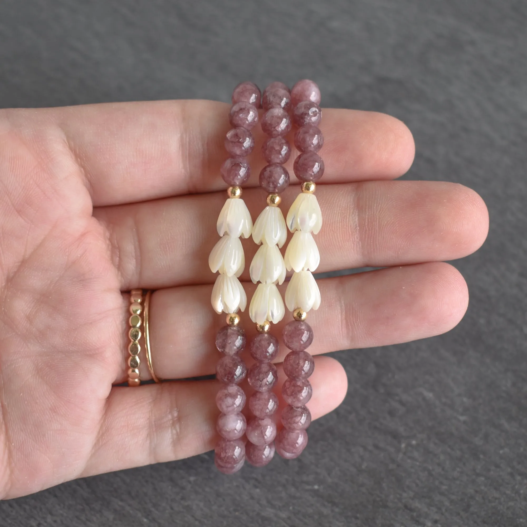 Lepidolite Stretchy Bracelet with Three Pikake