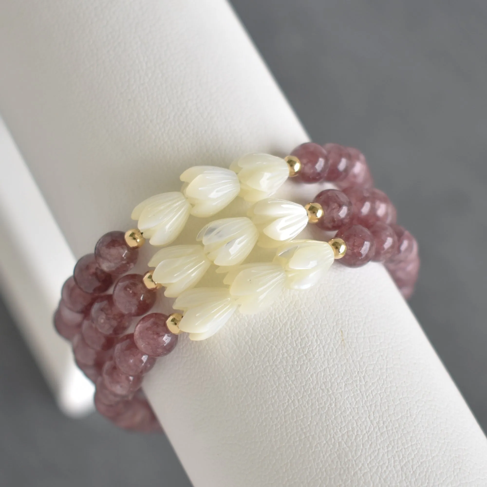 Lepidolite Stretchy Bracelet with Three Pikake