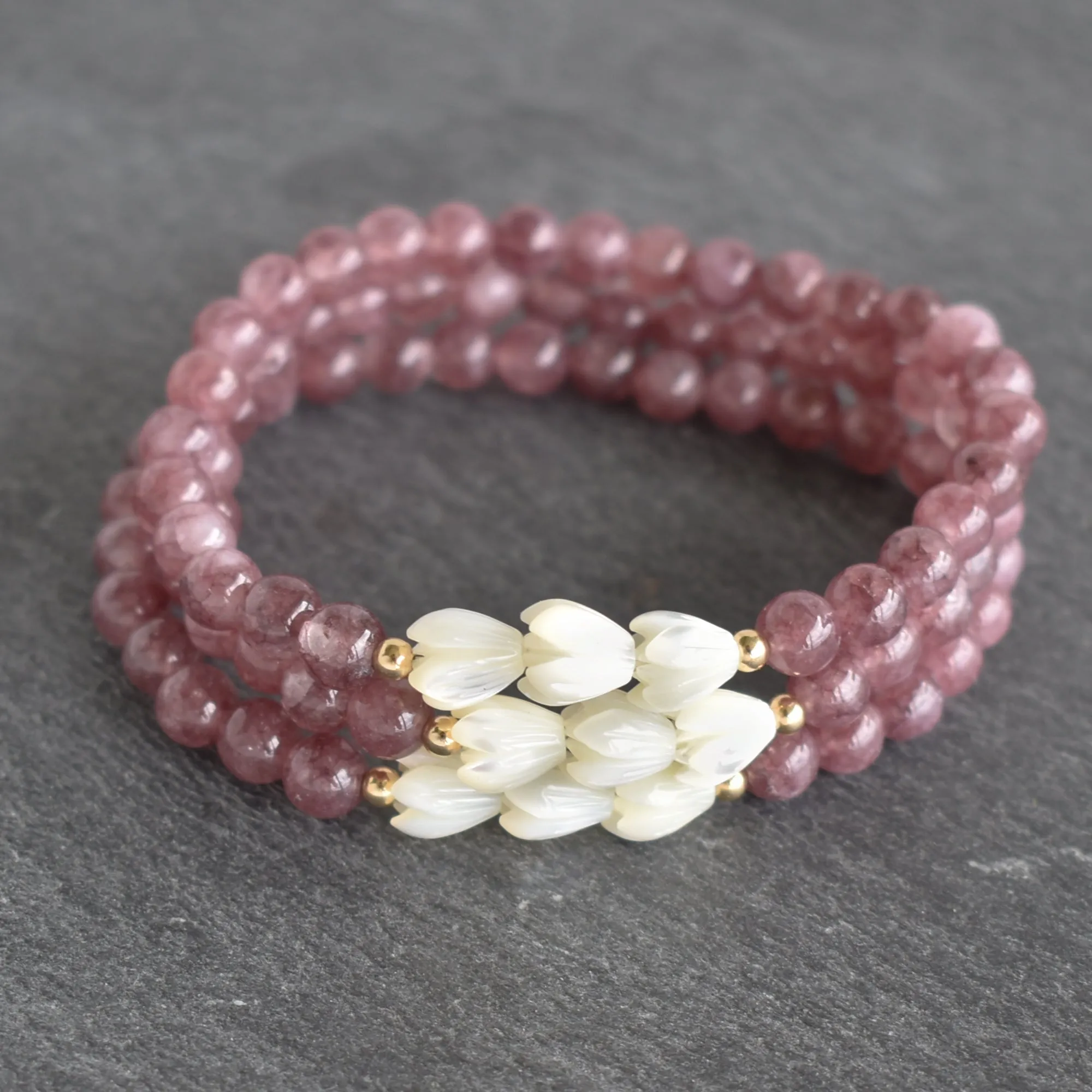 Lepidolite Stretchy Bracelet with Three Pikake