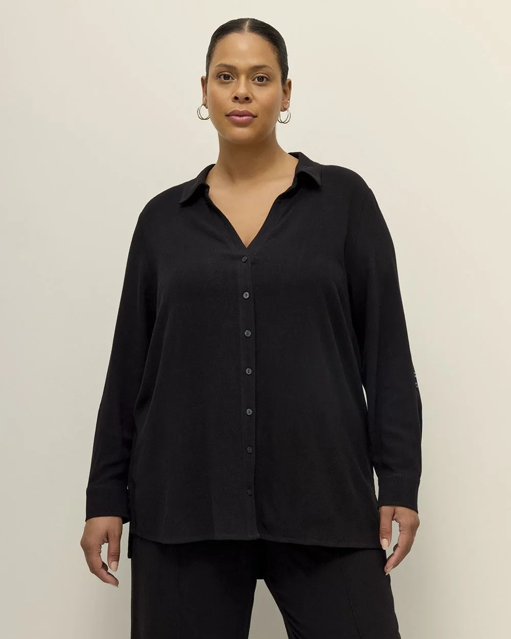 Linen Blend Tunic Shirt with Rolled-Up Sleeves