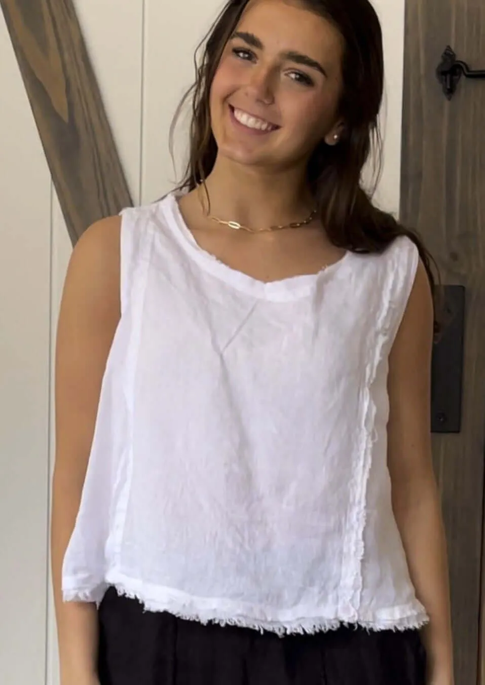 Linen Collection Sleeveless Frayed Edge Detail White Top Made in USA