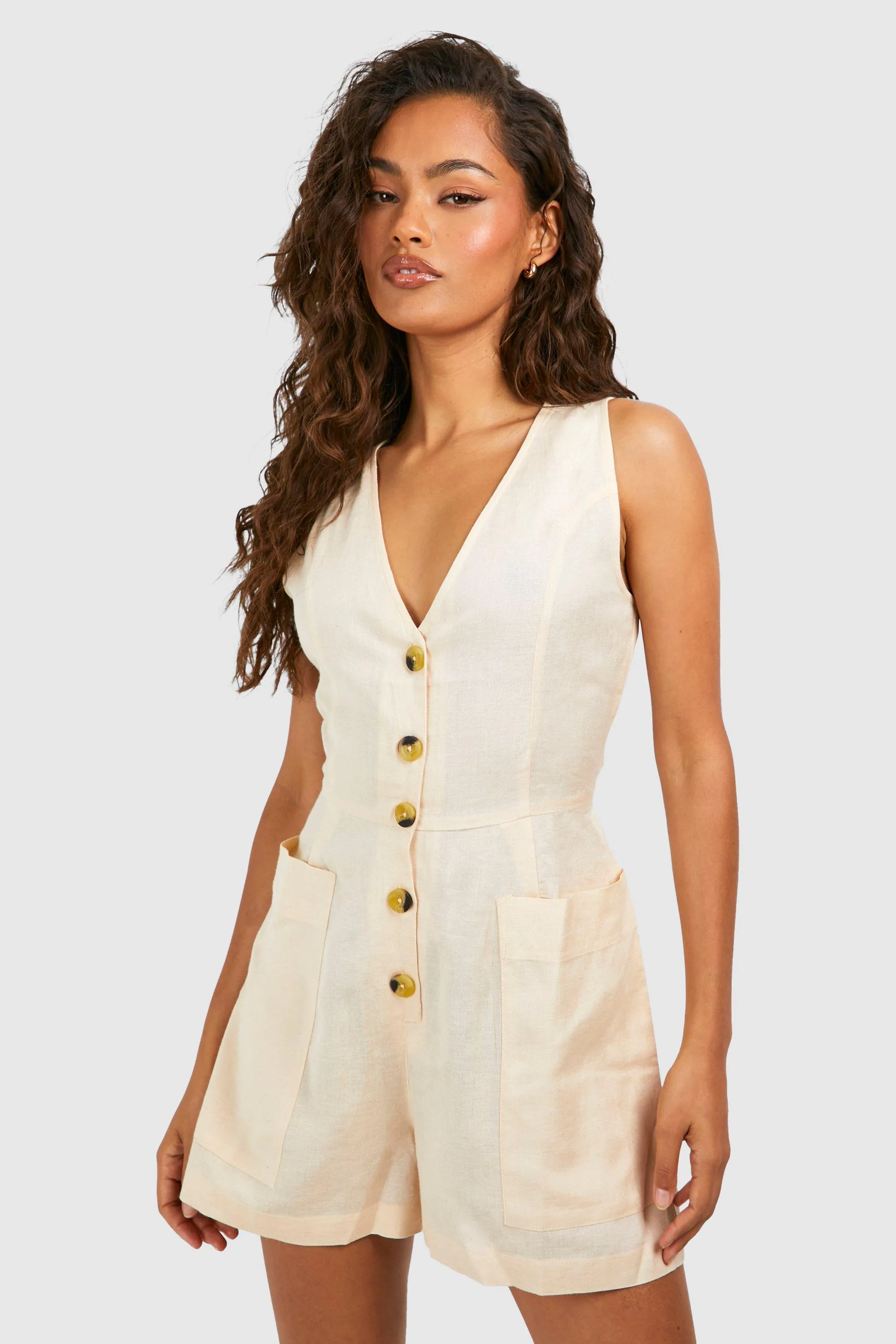 Linen Look Button Front Romper