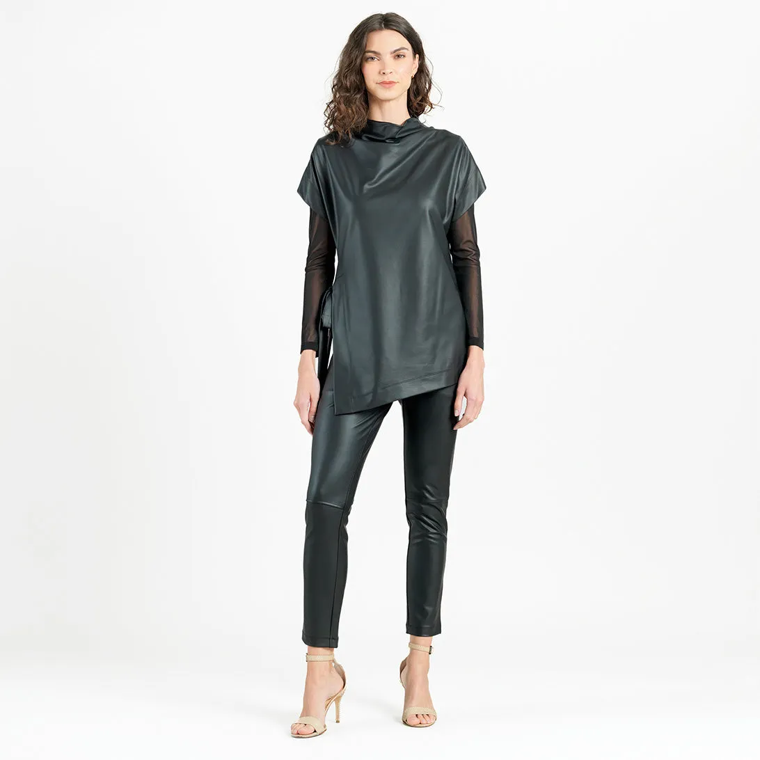 Liquid Leather - Funnel Neck Side Vent Tie Tunic - Black