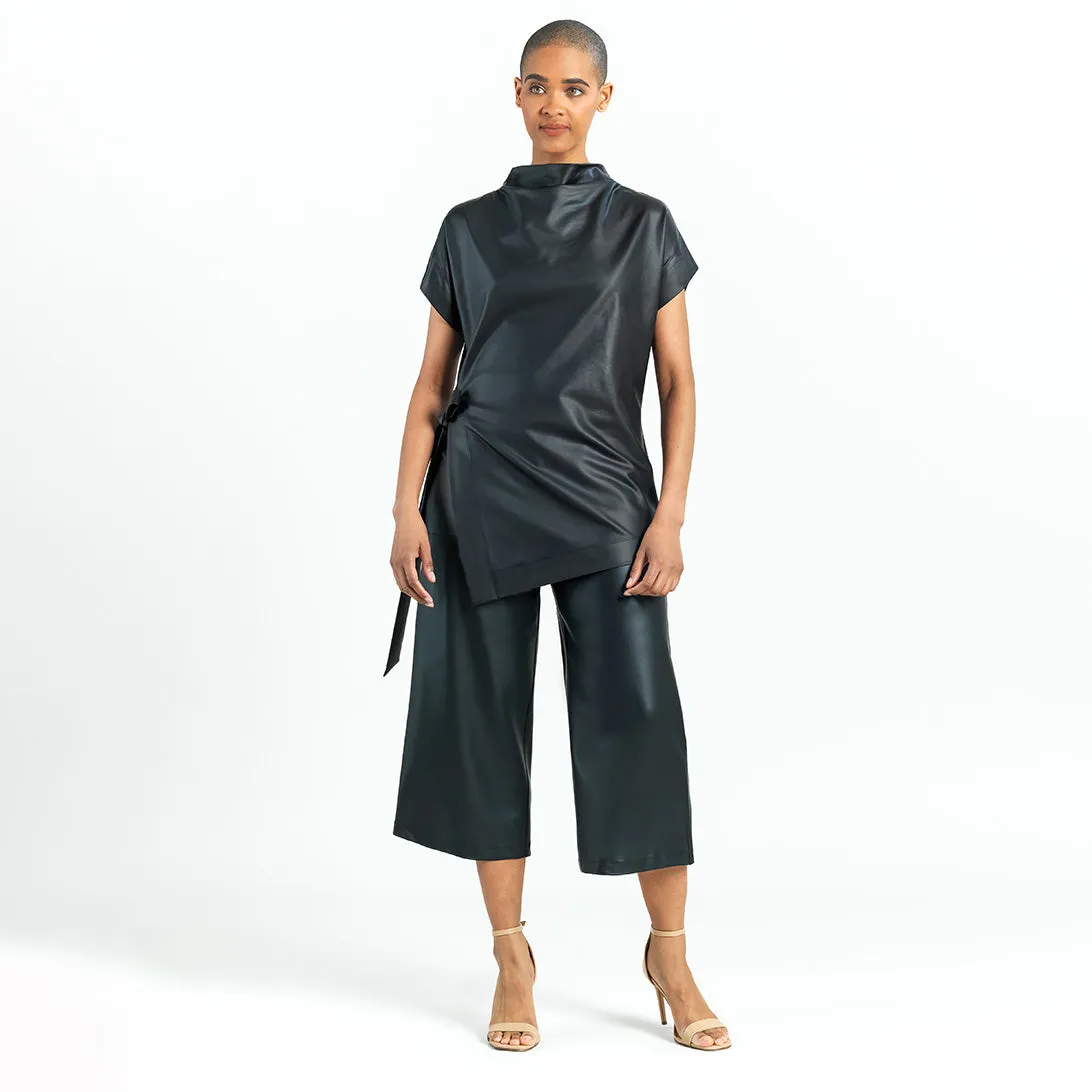 Liquid Leather - Funnel Neck Side Vent Tie Tunic - Black