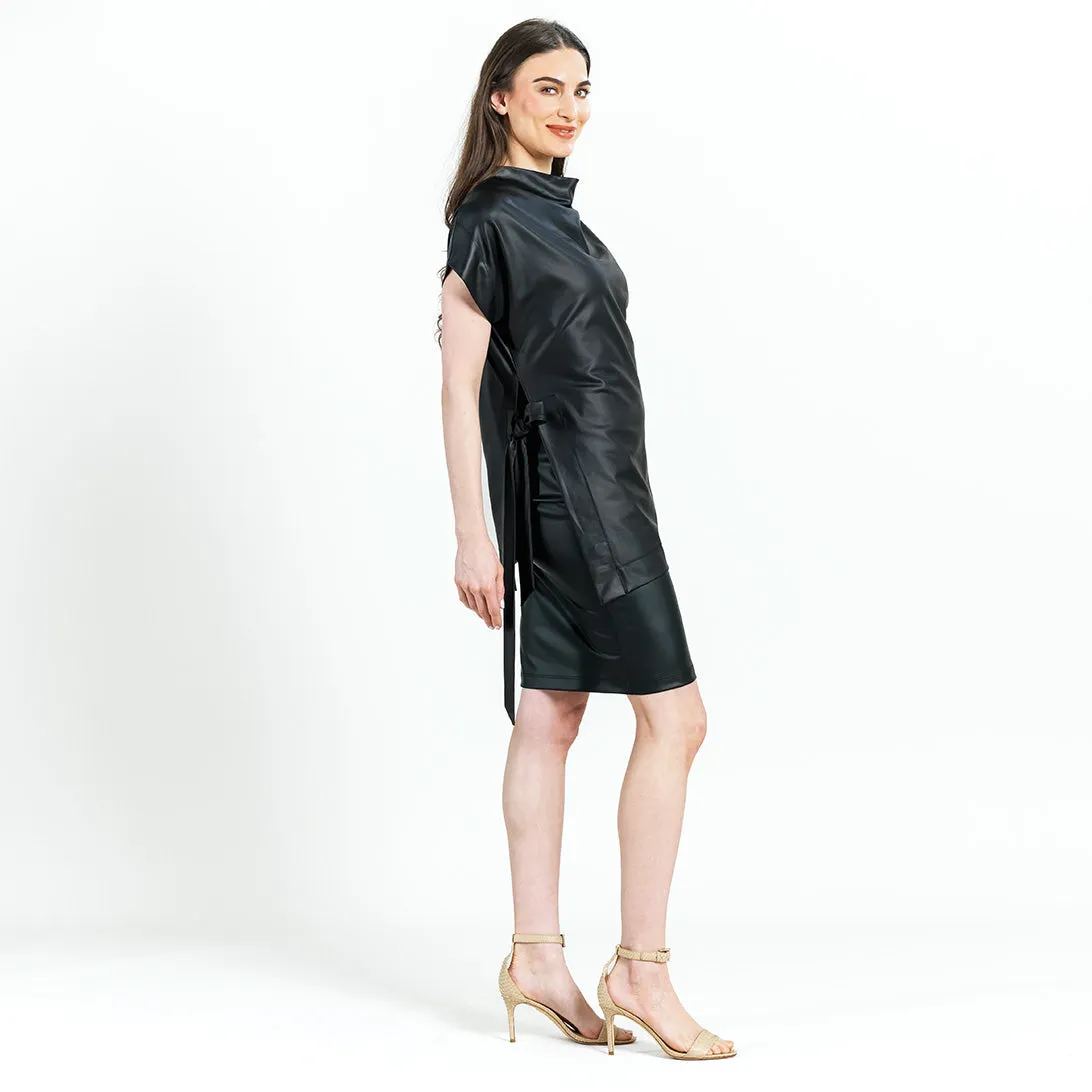 Liquid Leather - Funnel Neck Side Vent Tie Tunic - Black